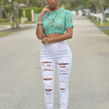 HOLE Denim Women 2026 High Waist Ripped Jeans for Women Skinny Black Pockets Jeans Woman Elastic Slim Jean Female Femme Pants