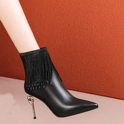 High Heel Women's Boots 2025 Winter Fashion PU Leather Pointed Toe Ankle Boots Crystal Luxury High Heels Pumps Zapatos
