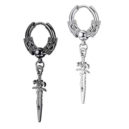 2pcs Stainless Steel Dragon Coil Sword Pendant Drop Hoop Earrings Unique Punk Hip Hop Style for Men Women Daily Wear Jewelry