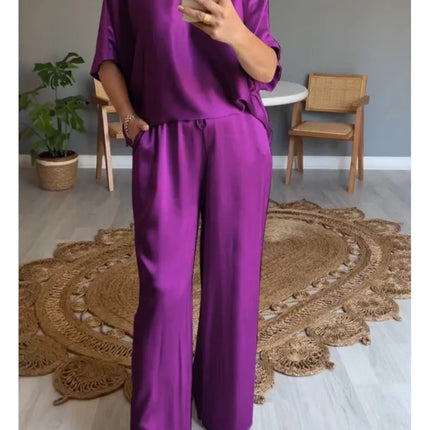 Spring Summer Fashion Solid Smooth Satin Two Piece Sets New Women's V Neck Half Sleeved Top And Long Pants Casual Loose Outfits