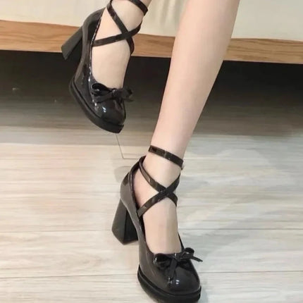 2026 New Black Retro Cross-Tie Pumps Casual Mary Jane Shoes Round Toe Shoes Ladies Lolita Sweet Fashion Shoes Woman Bow Designer