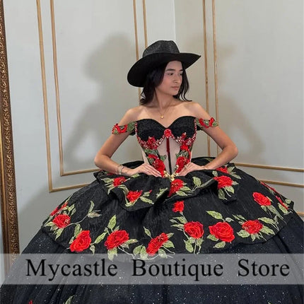 Black Mexican Red Roses Embroidery Quinceanera Dress Ball Gown 2026 Off The Shoulder Sweet 15 16 Dress Birthday Gown Customized