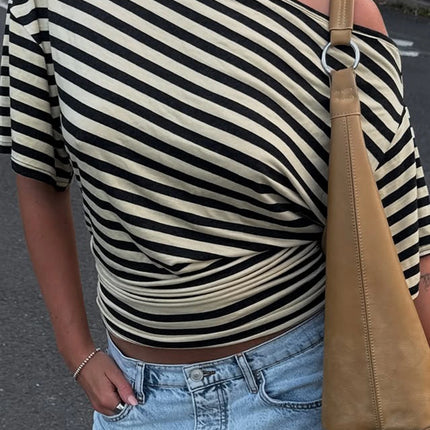 Dulzura Summer Fashion Inclined Shoulder Short Sleeves Slim Fit Striped T-Shirt Women'S Casual Versatile Street Style Outfit Y2K