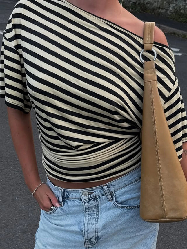 Dulzura Summer Fashion Inclined Shoulder Short Sleeves Slim Fit Striped T-Shirt Women'S Casual Versatile - product image 2