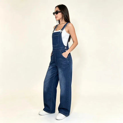 Womens Wide Leg Denim Overalls Loose Washed Straight Cargo Overalls Adjustable Straps Multi Pocket Jeans