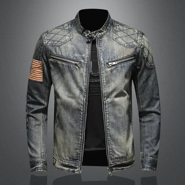 Chaqueta Vaquera Vintage para Hombre con Cremallera, Cuello Mao, Algodón, Ajustada, Abrigo Vaquero, Jeans de Manga Larga, Bolsillos Sueltos, Cremallera Superior, Chaqueta de Invierno