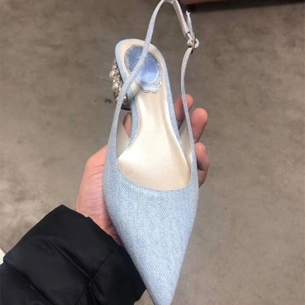 Women's Summer New Thick Heel Pointed Head Bag Head Sandals Women's Rhinestone Pearl Heel One-word Buckle Medium Heel High Heels