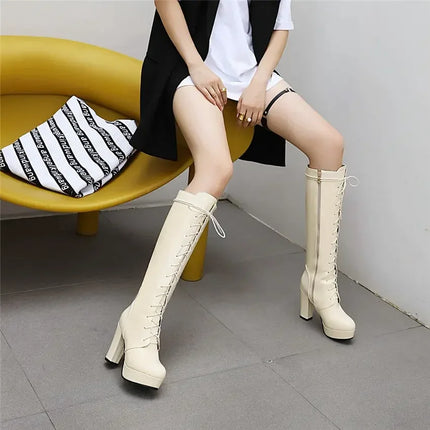 Big Size Women Knee-high Platform Boots 10cm High Chunky Heel Black Red Sexy Party Club Lady Round Toe Lace-up Zipper Long Boots
