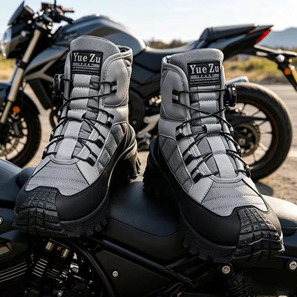 Functional Knob-Adjustable Motorcycle Riding High-Top Boots, Black Anti-Collision Toe Cap, Non-Slip Thick-Soled Motorcycle Shoes, Waterproof and Wear-Resistant Outdoor Off-Road Work Boots, Rider Commuter Anti-Fall Motorcycle