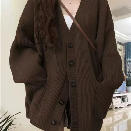 Loose Cardigan Women Long Sleeve V-neck Knitted Black Slouchy All-match Female Autumn Winter Coats Korean Chic Baggy Tops MLQ9