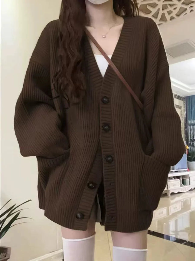 Lockerer Cardigan Damen Langarm V-Ausschnitt Strick Schwarz Oversize Allround-Damen-Herbst-Wintermäntel Korean Chic Weite Oberteile MLQ9