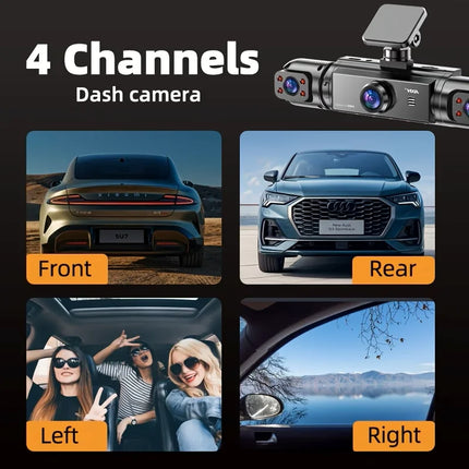 BCUOZ 4-Lens 360° Dashcam 1080P Front 720P Rear Left Right Car Cameras Super Night Vision Loop Recording G-Sensor WDR 12-24V Plug Power Supply Optional 64GB Memory Card