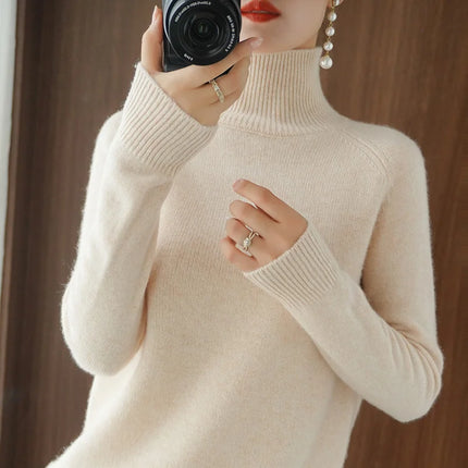 Basic Autumn Winter Merino Wool Sweater Mock Neck Cashmere Pullover Solid Color Soft Long Sleeve Basic