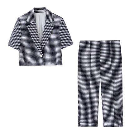 KONDALA Chic Fashion 2026 Casual Women Plaid Suit Summer Buttons Short Blazer+ Zipper Straight Long Pants Female Elegant Suits