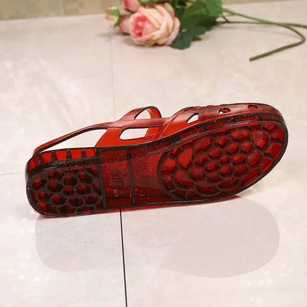 Women Hollow Jelly Sandals PVC Closed Toe Ankle Strap Flat Plastic Shoes Waterproof Non Slip Summer Beach Shower Casual Sandals
