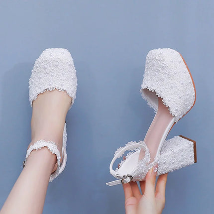 9cm Plus Size Shoes for Women 34-42 Autumn Fashion Women High Heels Pumps Round Toe Party Evening Wedding Lace Platform Shoes