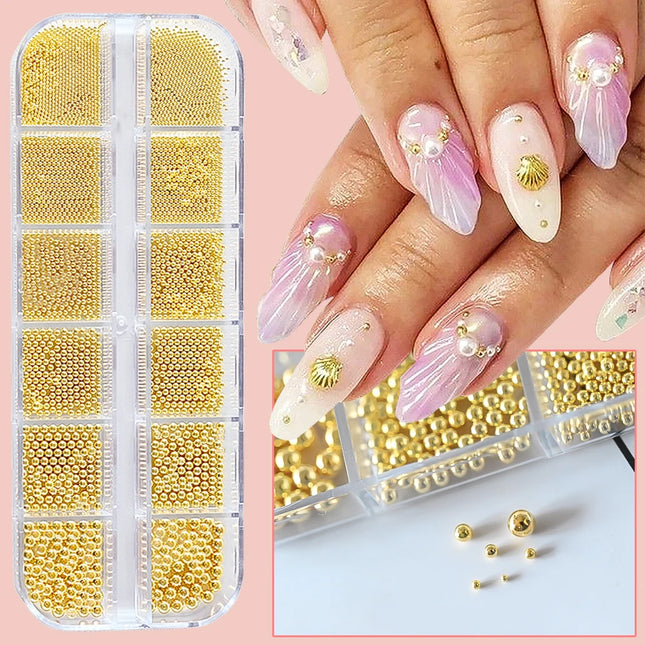 12 Rejillas Oro/Plata Mini Perlas de Caviar Decoraciones de Uñas Bolas Metálicas Micro Encanto de Uñas con Pluma Magnética 3D Mini Gema de Uñas de Caviar