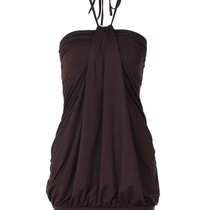 Sexy Mini Halter Ruched Backless Short Dress Solid Sleeveless Dresses Summer Party Birthday Club Clothes Y2K