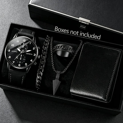Kids Black PU Leather Quartz Watch Set with Accessories Wallet Holiday Gift Daily Versatile Children's Fashion Jewelry