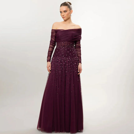 Customized Off the Shoulder A-Line Evening Dress Elegant Beading Celebrity Gowns Fashion Long Sleeves Bespoke Occasion Gowns
