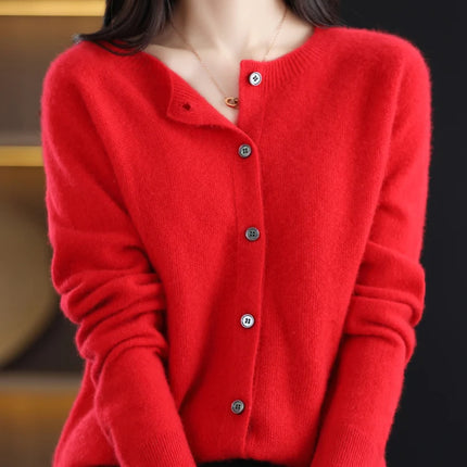 New Fashion Spring 100% Merino Wool Womens O-neck Cardigan Cashmere Sweater 2024 Female Clothing Grace Knitwear Korean Tops