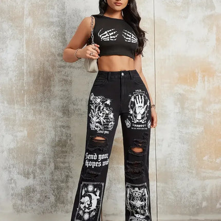 2025 New Style Women's Jeans Women's Spring And Autumn New Hot Selling Street INS Same Style Print Ripped Straight Jeans