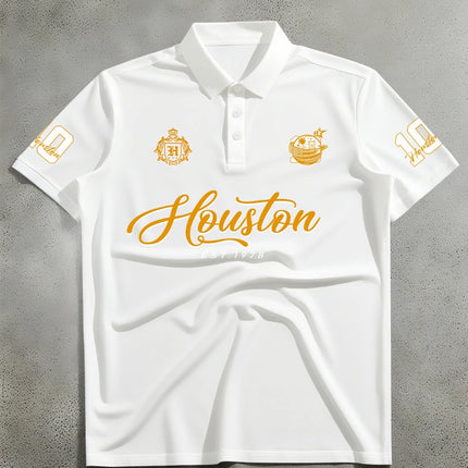 Men's Sports Style Short Sleeved Polo Shirt, Houston Badge Print Retro Outfit for Men's and Women's Daily Wear