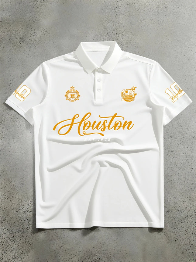 Men's Sports Style Short Sleeved Polo Shirt, Houston Badge Print Retro Outfit for Men's and Women's Daily Wear