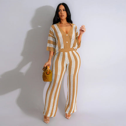 Sexy Women Knitted Set Two Pieces Set Short Sleeve Buttons Top Long Loose Pants Crocheted 2 Pieces Set Crochet Beach Wear