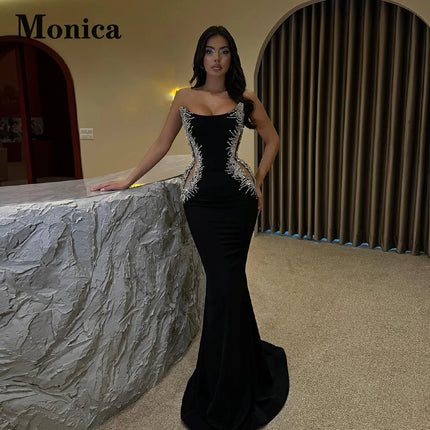 MONICA Trendy Strapless Evening Dresses for Women Rhinestones Mermaid Cut-out Sleeveless Vestidos De Noche Customized Plus Size