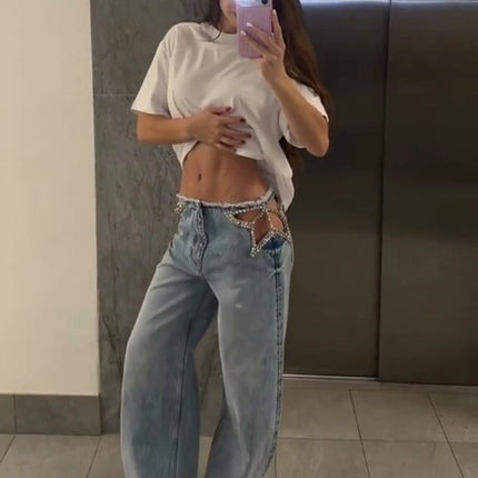 Sexy Women's Jeans Hollow Out Straight Female Denim Pants 2026 Summer Fashion High Street Rhinestone Embellished Lady Trousers