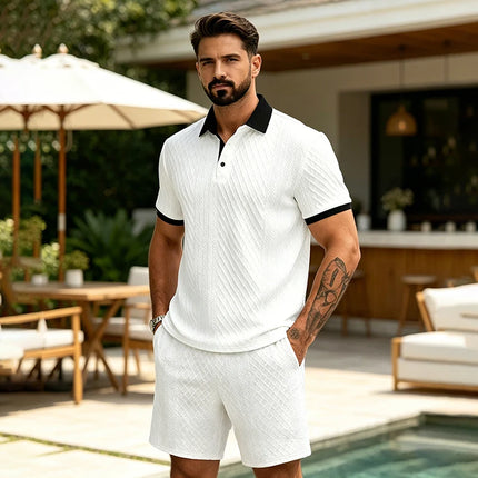 2026 Summer Men's Jacquard Knit Polo Shirt Contrast Collar Short Sleeve Loose Fit Soft Breathable Casual Sport Daily Wear Tops