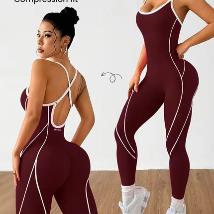 Women Contrast Piping Yoga Jumpsuit Thin Strap Open Back One Piece Workout Bodysuit High Elastic Slim Fitness Gym Sports Rompers