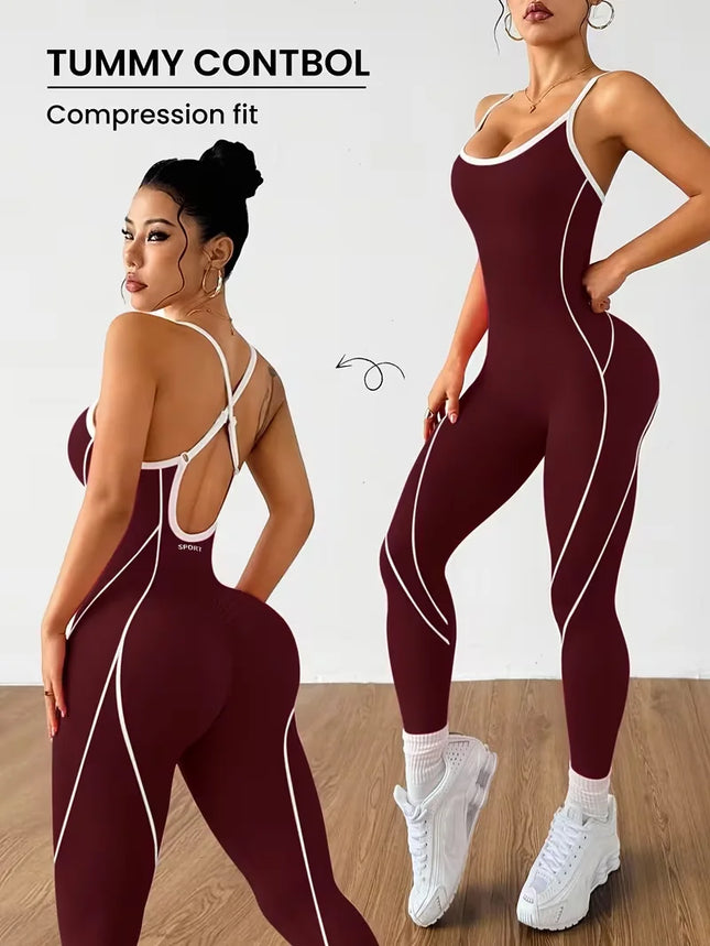 Women Contrast Piping Yoga Jumpsuit Thin Strap Open Back One Piece Workout Bodysuit High Elastic Slim - product image 6