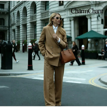 CharmChant Blazers and Suit Sets Khaki Double Breasted Wide Leg Pants Set Peak Lapel Tailored Fit Office Formal Business Suit