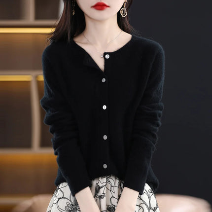 Spring and autumn new women's 100% wool knitted cardigan coat loose O-neck sweater coat fashion solid color coat