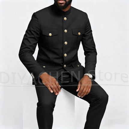 Fashion Stand Collar Men Suits Single Breasted Four Pockets Slim Male Clothing Formal Business Casual Daily Suit 2 Pieces
