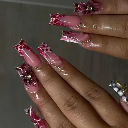 24Pcs Sweet Medium Square False Nails with Glue Blush Pink Flowers Fake Nails Full Cover French Acrylic Press on Nails for Girls