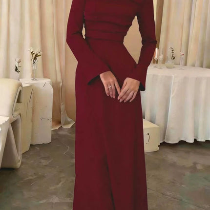 Temperament Women Long Sleeve Party Maxi Dresses Fashion Square Collar Pleated Evening Dress White Slim High Waist Banquet Dress
