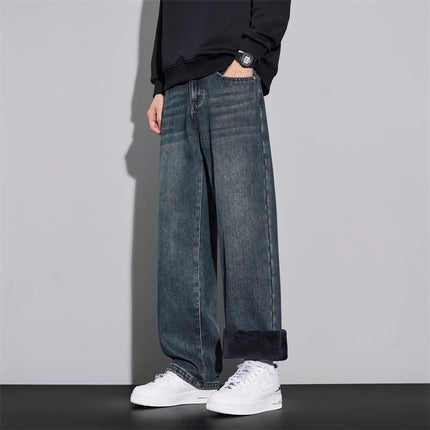 Fleece Jeans Winter Wide Leg Men's Warm Plush Velvet Denim Pants Fashion Korean Straight Streetwear Loose Thick Thermal Trousers