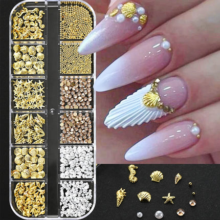 6 Grids Metal Summer Ocean Nail Art Charms 3D Shell Starfish Seahorse Caviar Beads Alloy Nail Jewelry Mixed Manicure Studs Decor