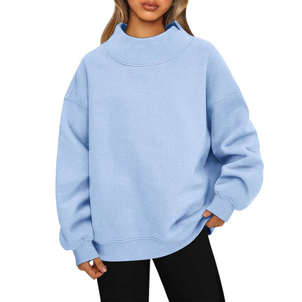 Casual Commuter Comfort Pullover Loose-Fit Solid-Color Half-High Neck Crew Neck Sweatshirt Top