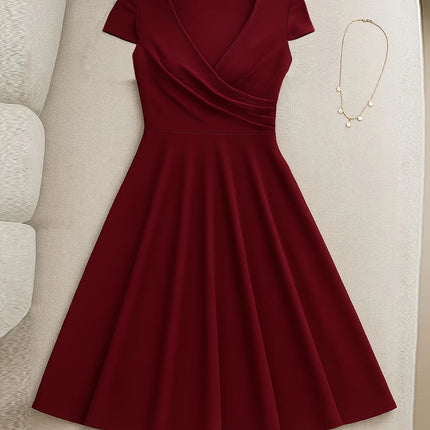 Women's Elegant Round Neck Summer Short Sleeve Solid A-Line Knee-length Dress High Waist Swagger Party Wedding Casual Departure