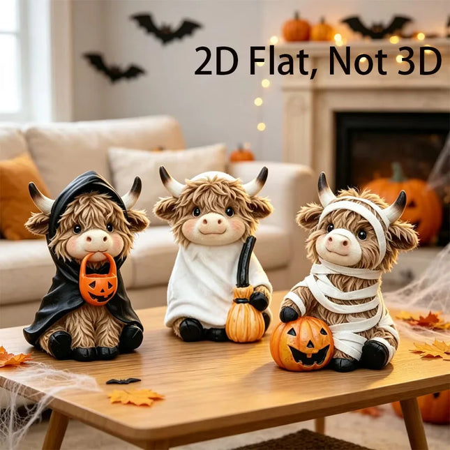 3 Halloween Highland Cow Statues, Cute Ghost Decorations, Hooded and Mummy Cow Statues with Pumpkin Decorations, for Layered Trays, Shelves, Tabletops, and Fireplace Decorations