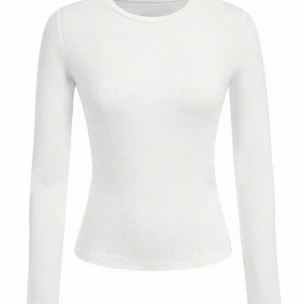 Solid-color long-sleeved T-shirt - Polyester knitted fabric, round neck, regular fit, fall-winter style