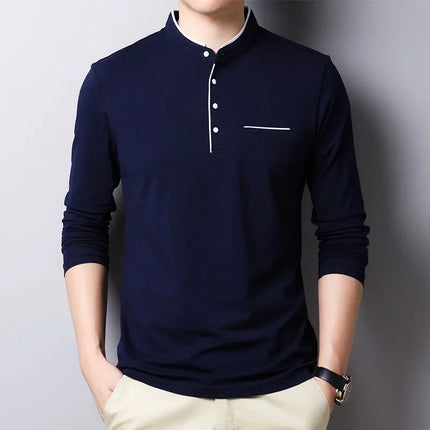 2025 Men's Business Casual Three Button Stand Up Collar Long Sleeved T-shirt Korean Style Comfortable Versatile Top