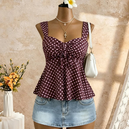 Women Sweetheart Neck Drawstring Ruched Peplum Cami Top Polka Dot Print Sleeveless Casual Camisole Outfit