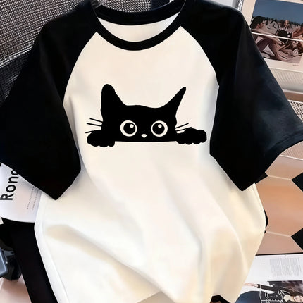 Kawaii T Shirt  Retro Black Cat Letter Print Crew Neck T-Shirt Casual Short Sleeve Top for Spring Summer Women's Clothing