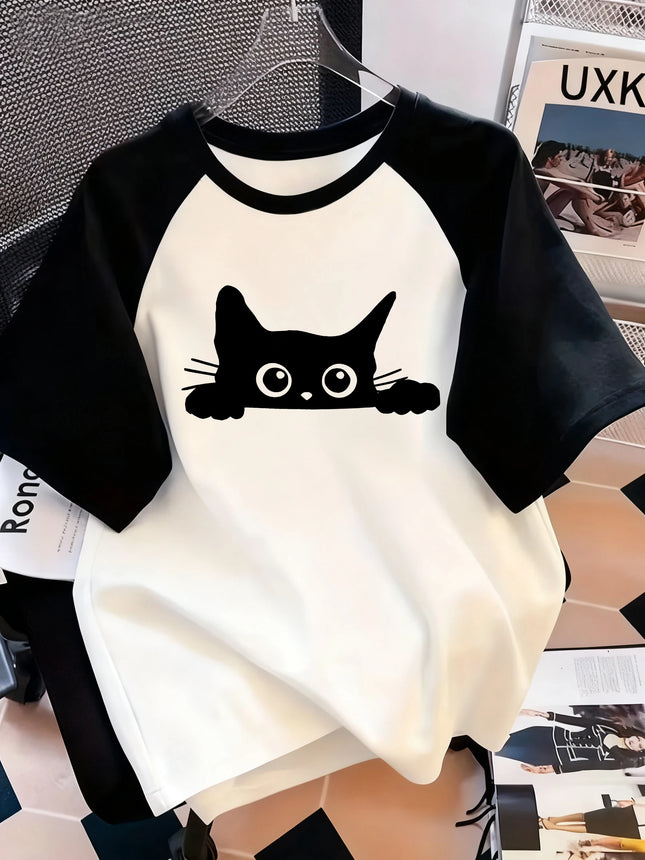 Kawaii T-Shirt Retro Schwarze Katze Buchstabenprint Rundhals-T-Shirt Lässiges Kurzarm-Oberteil für Frühling und Sommer Damenbekleidung
