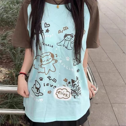 Women Japanese Cartoon Printing Tops E-girl Fairycore Contrast Color Cute Graphic T Shirt Y2k Aesthetics Grunge Casual T-shirt